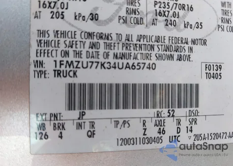 2004 Ford Explorer Sport Trac из США, поврежденный, VIN 1FMZU77K34UA65740